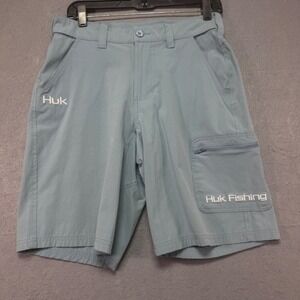 Huk Mens Performance Fishing Shorts Blue Gray Stretch Cargo Size Small 30x10